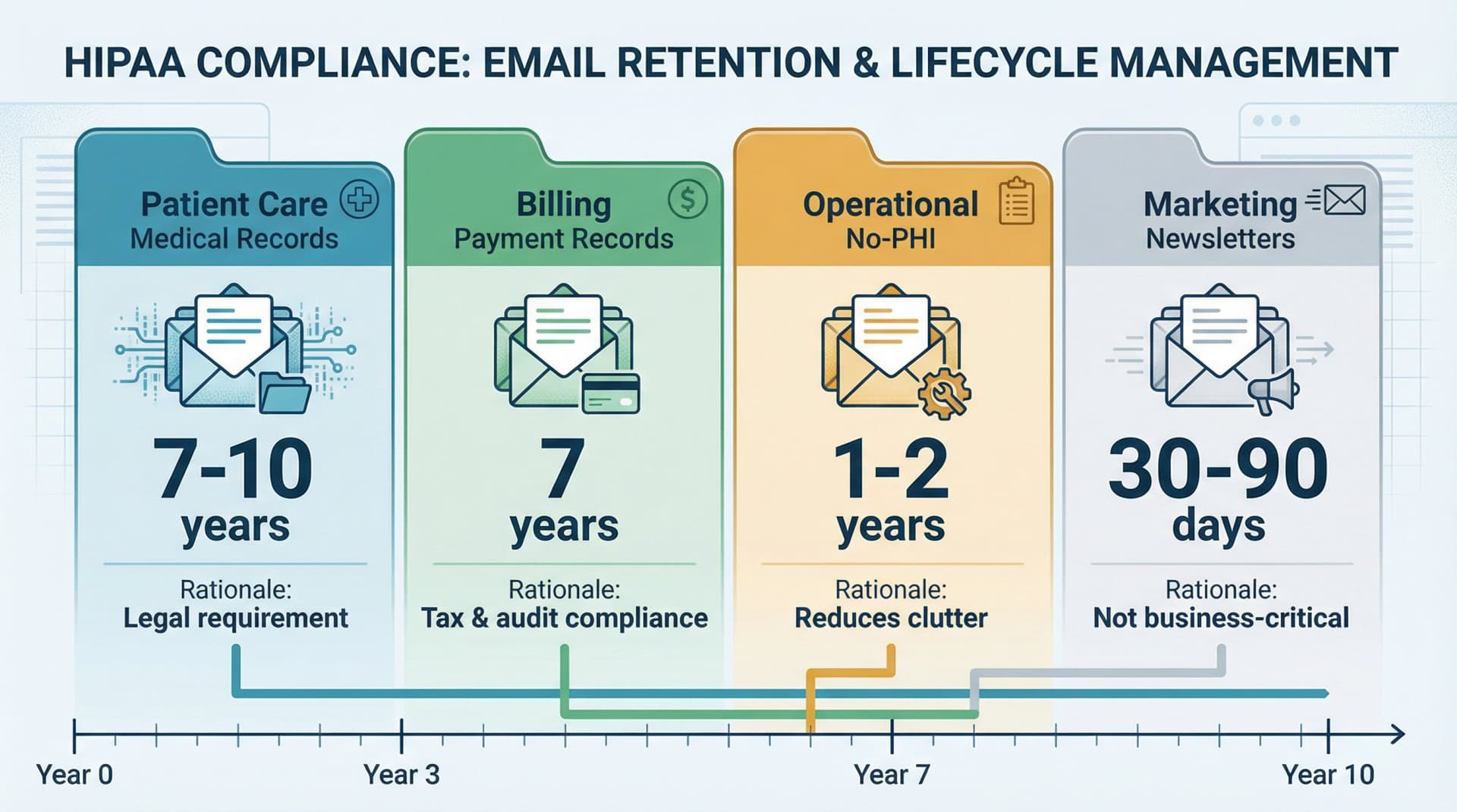 HIPAA email retention policy matrix showing four categories with retention periods and legal rationale